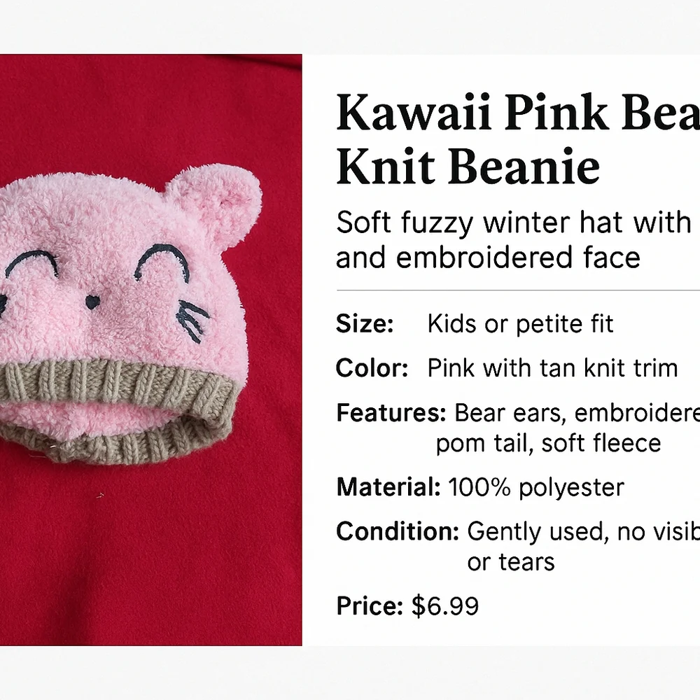 Kawaii Pink Fuzzy Bear Hat – Cute Cozy Winter Ears Beanie